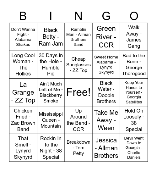 Southern Rock Bingo Card