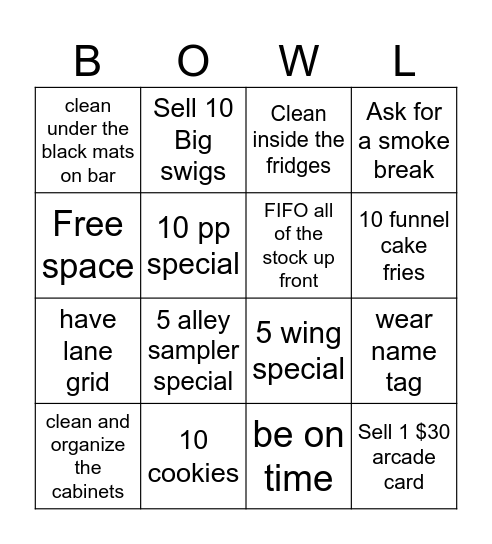 Bar Bingo Card