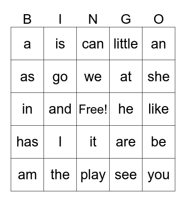Sight Words Bingo Card