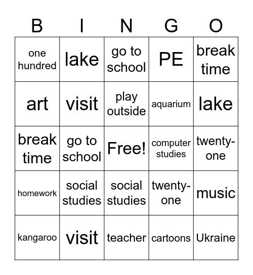 School subjects Bingo Card