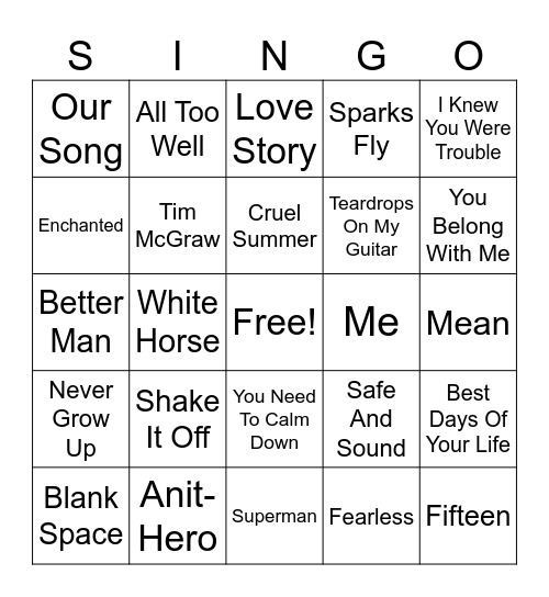 Swifty Singo Bingo Card