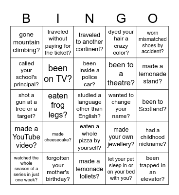 Have you ever...? Bingo Card