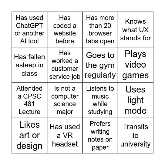 CPSC481 Bingo Card