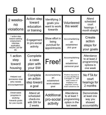 Pretrial INCENTIVE BINGO Card