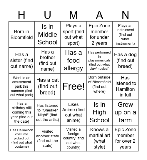 Human Bingo Card