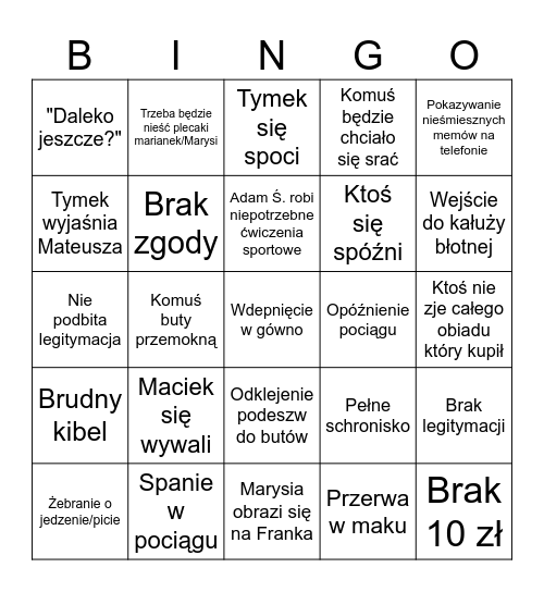 Bingo wycieczki w góry LSO Bingo Card
