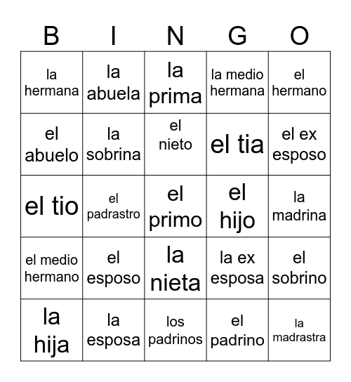 Lotería de la familia Bingo Card