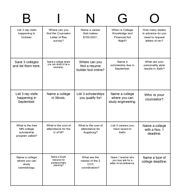 College and Career Bingo Card
