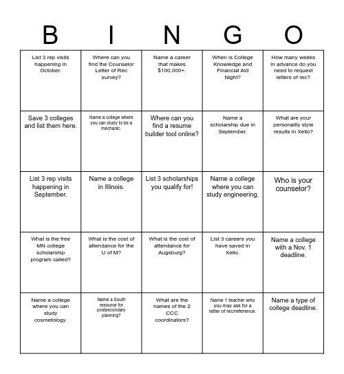 College and Career Bingo Card