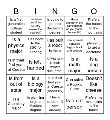 STEM Club Icebreaker Bingo!!!! Bingo Card