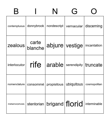Honors English Vocabulary 2 Bingo Card