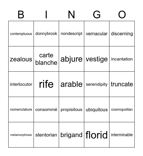 Honors English Vocabulary 2 Bingo Card