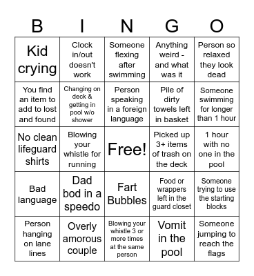 Lifeguard Bingo Card
