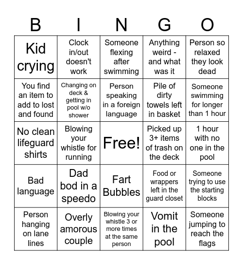 Lifeguard Bingo Card