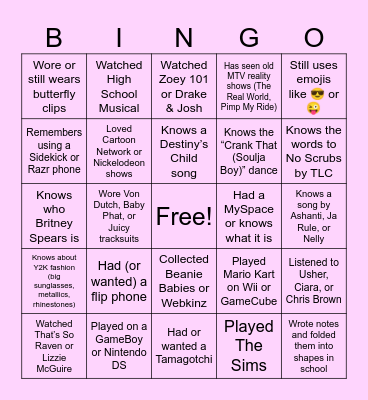 Y2K BINGO Card Bingo Card