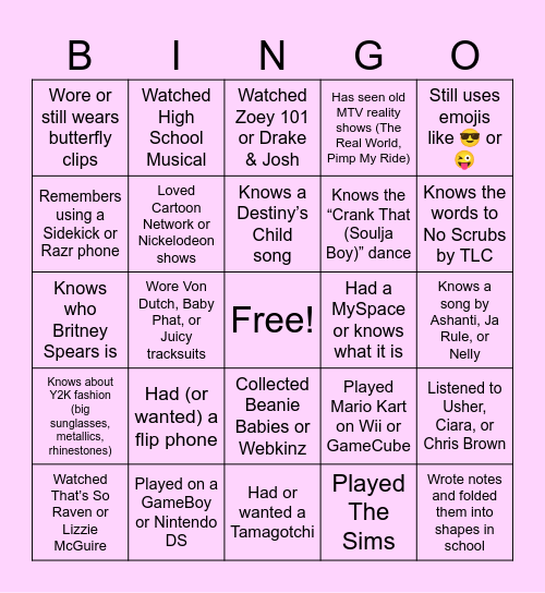 Y2K BINGO Card Bingo Card