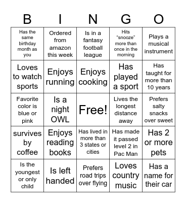 Get To Know Each Other Bingo Card