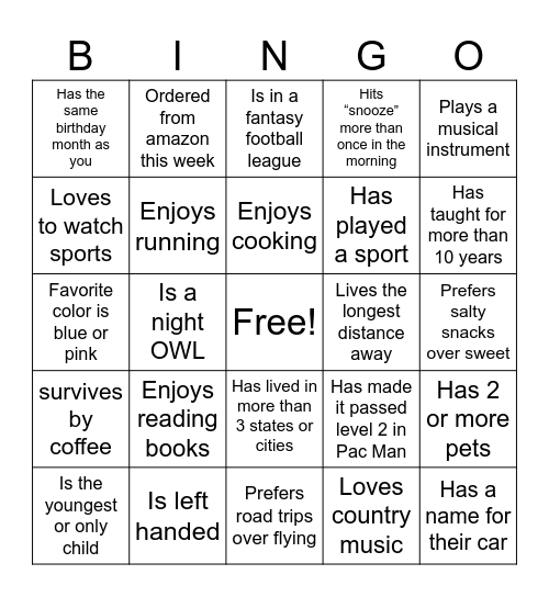 Get To Know Each Other Bingo Card