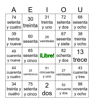 Vocales y Numeros 0 -100 Bingo Card