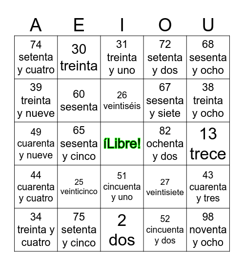 Vocales y Numeros 0 -100 Bingo Card