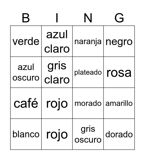 Los colores Bingo Card
