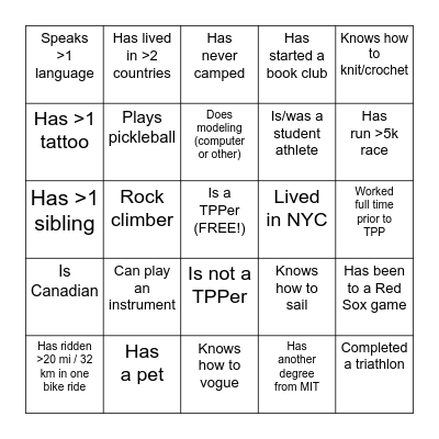 IYR Bingo Card
