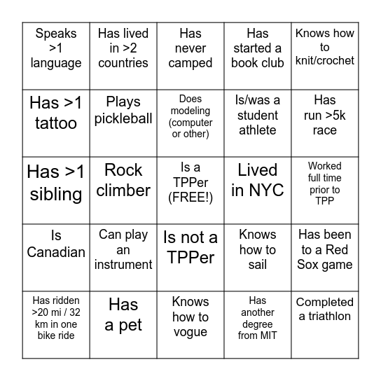 IYR Bingo Card