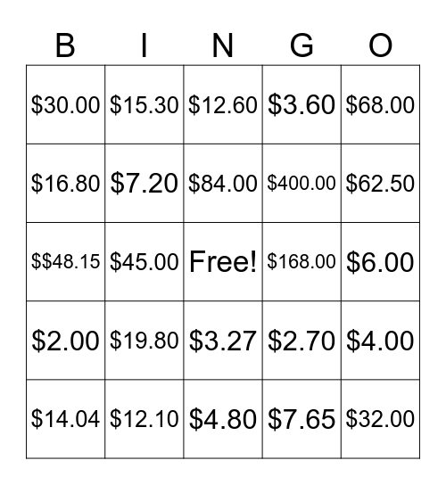 Tax, Tip, Markup and Discount Bingo Card
