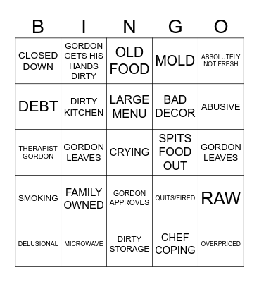 Kitchen Nightmares Bingo Card
