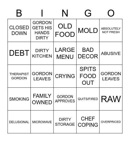 Kitchen Nightmares Bingo Card