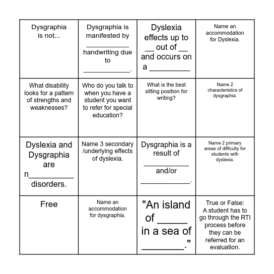 Dyslexia/Dysgraphia BINGO Card