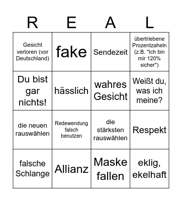 Reality TV Bingo Card