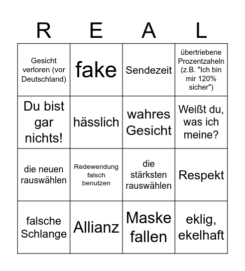 Reality TV Bingo Card