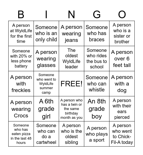 WYLDLIFE BINGO Card