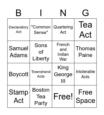 Road to Independence Bingo Card