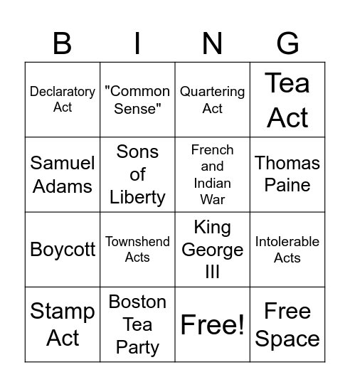 Road to Independence Bingo Card