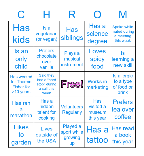 ISR and Channel Team CHROM Bingo! Bingo Card
