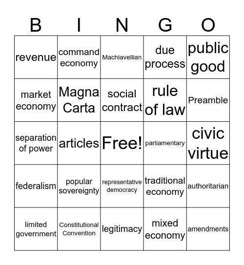 American Government Vocbulary Review Bingo Card
