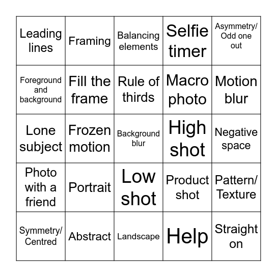 MUPC INTRO TO PHOTOGRAPHY BINGO Card