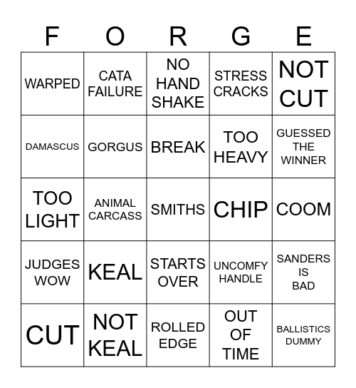 Forged in Fire Bingo Card