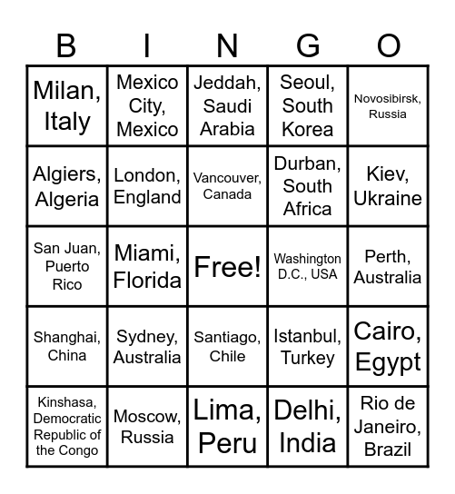 Latitude and Longitude Bingo Card