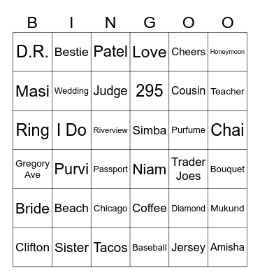 Amisha's Happily Ever After Bingo Card