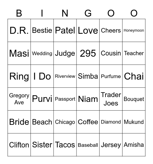 Amisha's Happily Ever After Bingo Card