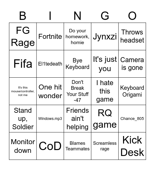 Gamer Rage Bingo Card