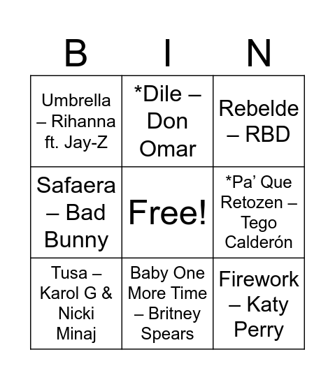 Bingo Musical Bingo Card