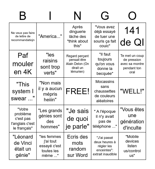 English Class PAJEAN Bingo Card