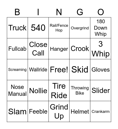 BMX Video Bingo Card