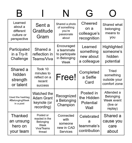CAD Services: Belonging Week BINGO Card