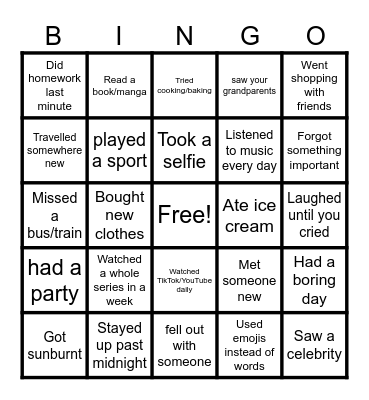 My summer holiday Bingo Card
