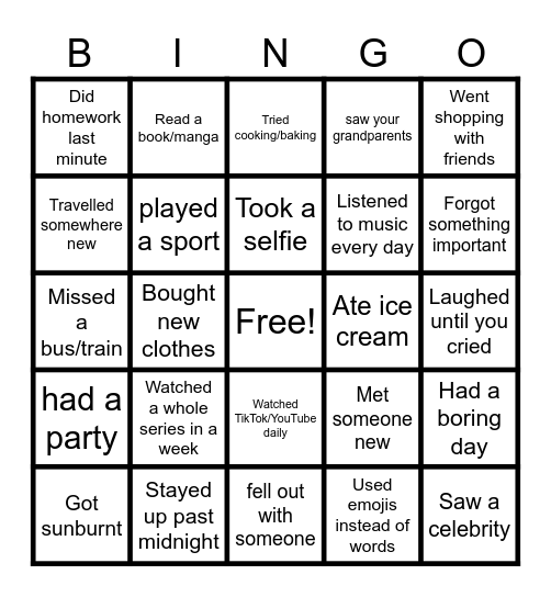 My summer holiday Bingo Card